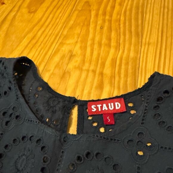 Staud Hyacinth Embroidered Eyelet Babydoll Mini Dress Black Short Sleeve SIZE SM - Picture 5 of 11